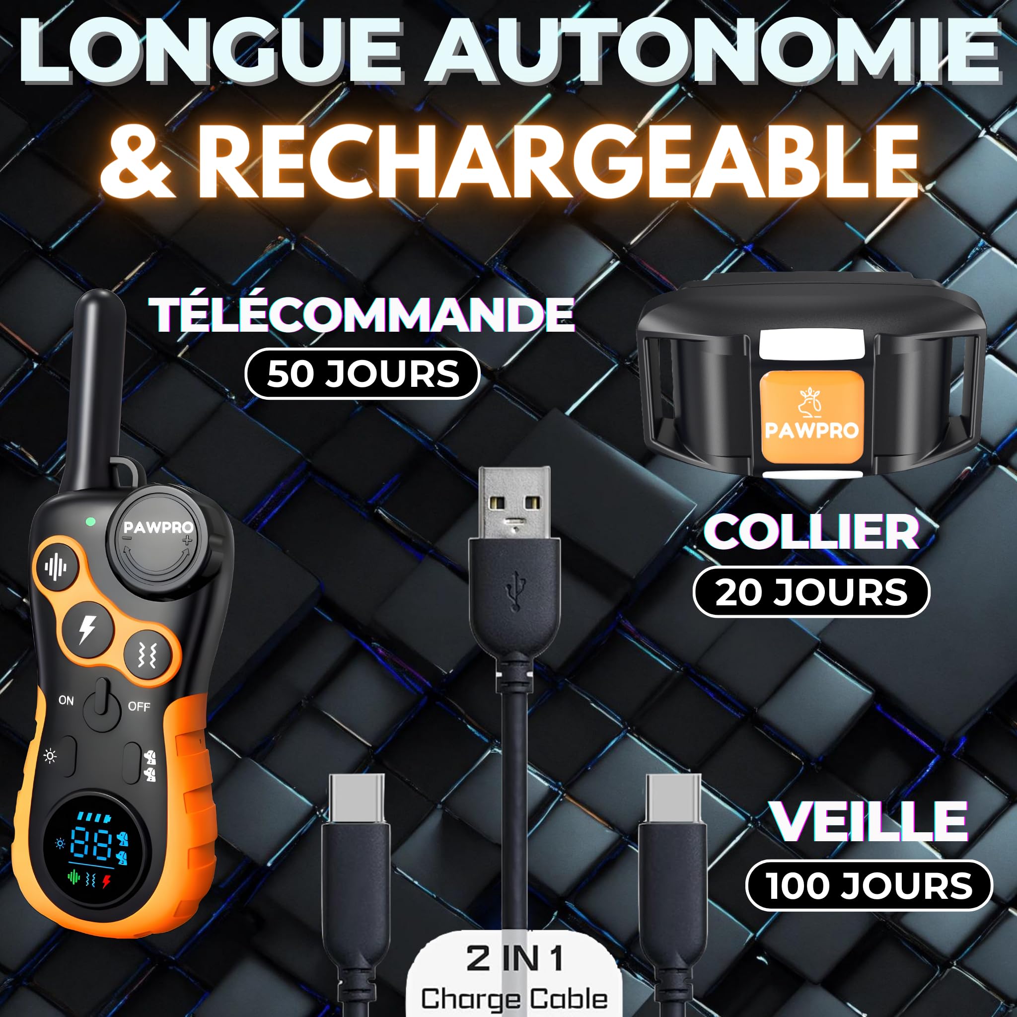 PAWPRO Collier de Dressage, Portée de 3km, Mode Lumière Nocturne, Guide de Dressage Inclus, 124 Niveaux d’Entraînement, BIP Vibration Choc, Adapté à Tous Les Chiens, Étanche Rechargeable, Marque FR