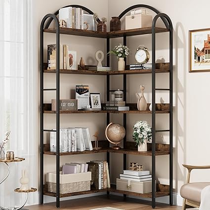 GarveeHome Corner Bookshelf Arched Bookcase, L Shaped Bookshelf Industrial Corner Shelf, Large Bookshelf With Metal Frame, Etagere Shelf Corner Display Rack for Living Room Bedroom