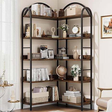 GarveeHome Corner Bookshelf Arched Bookcase, L Shaped Bookshelf Industrial Corner Shelf, Large Bookshelf With Metal Frame, Etagere Shelf Corner Display Rack for Living Room Bedroom