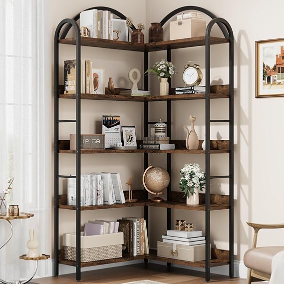 GarveeHome Corner Bookshelf Arched Bookcase, L Shaped Bookshelf Industrial Corner Shelf, Large Bookshelf With Metal Frame, Etagere Shelf Corner Display Rack for Living Room Bedroom