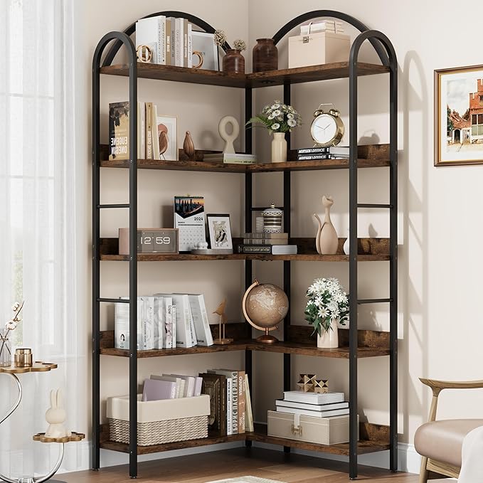 GarveeHome Corner Bookshelf Arched Bookcase, L Shaped Bookshelf Industrial Corner Shelf, Large Bookshelf With Metal Frame, Etagere Shelf Corner Display Rack for Living Room Bedroom