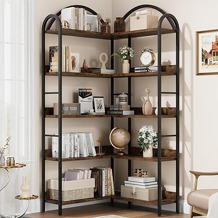 GarveeHome Corner Bookshelf Arched Bookcase, L Shaped Bookshelf Industrial Corner Shelf, Large Bookshelf With Metal Frame, Etagere Shelf Corner Display Rack for Living Room Bedroom