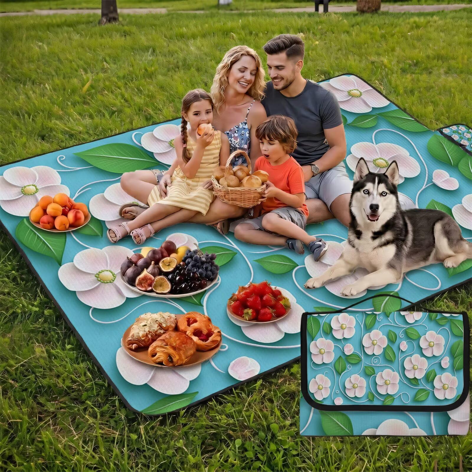 Manta de Picnic Grande 200x200 cm, Cian Manta Picnic Impermeable, Verde Esterilla de Playa Alfombra de Exterior, Picnic Blanket Plegable con Asa para Camping, Jardín, Césped, Playa, Senderismo FZ-204