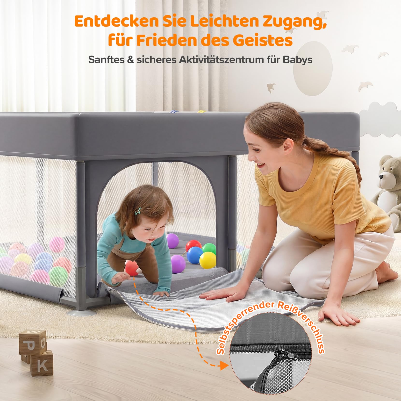 Dripex Laufstall Baby, Großes Laufgitter Baby faltbar für 2-3 Kinder, Indoor & Outdoor laufgitter & -Ställe mit atmungsaktivem Netz & 5 Pull-up Rings, 47x71", Hellgrau | All-in-One Design mit rundum gepolstertem Rahmen, integrierter Matte, 2 Greifringen u
