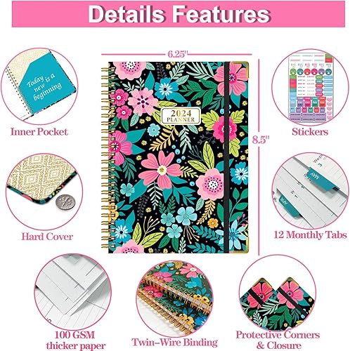 Miniatura 3 de Agenda 2024, agenda semanal y mensual de enero de 2024 a diciembre de 2024, 6.25 x 8.5 pulgadas, calendario en espiral de tapa dura con pestañas,