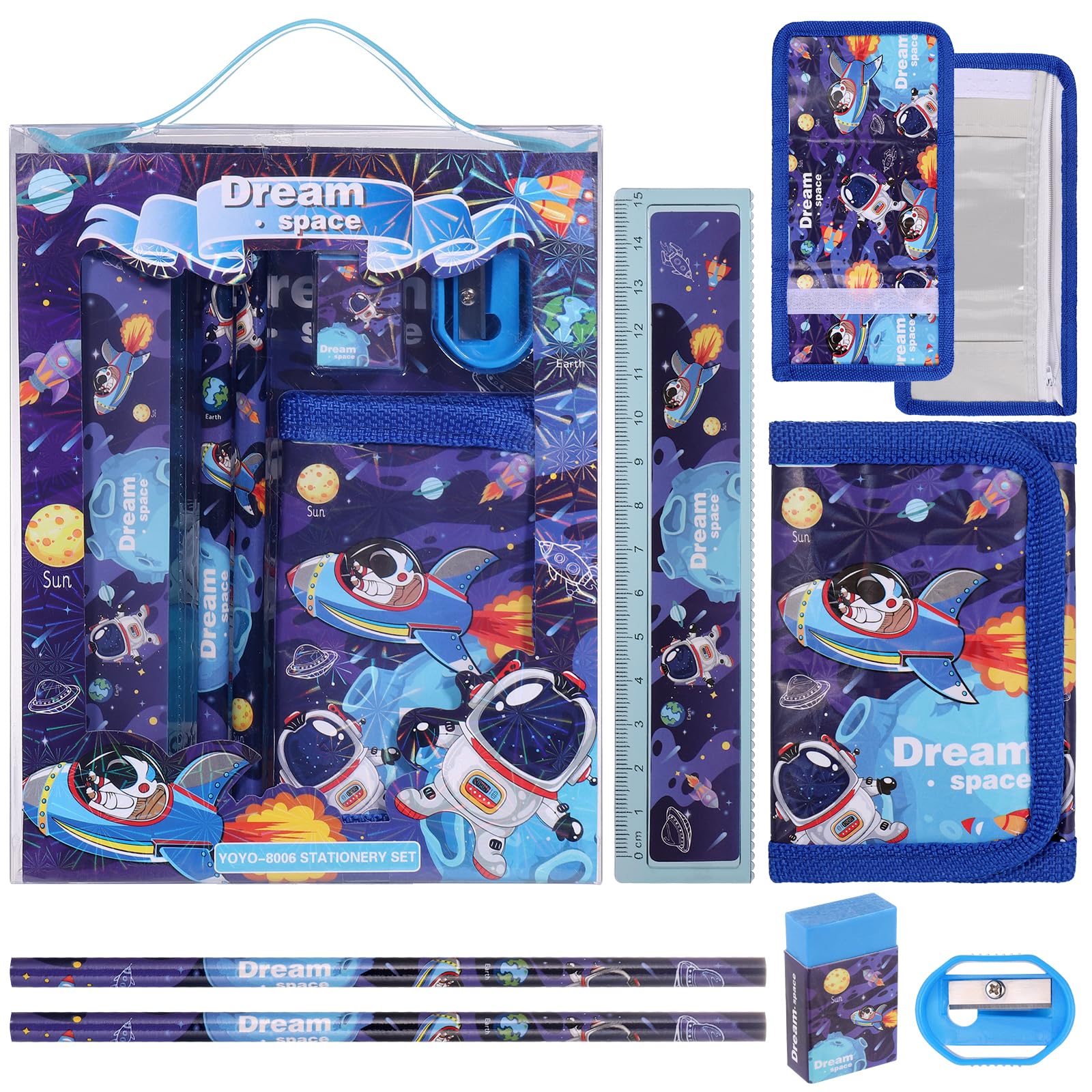 JIANTA Set de Papelería Astronauta, Set de Papelería Escolar Incluye 2 Lápices, Monedero, Regla, Borrador y Sacapuntas, Regalos de Cumpleaños Astronauta para Niñas y Niños