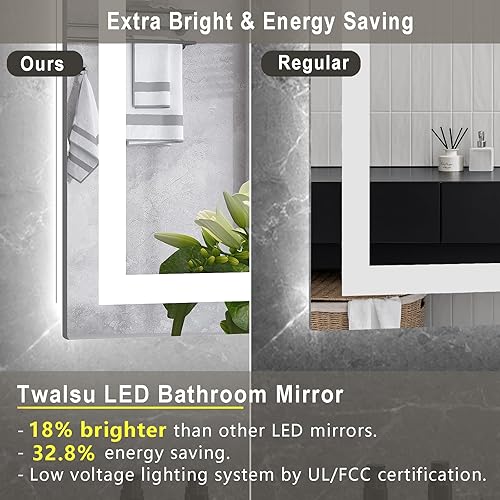 Miniatura 9 de Twalsu Espejo de pared de 24 x 32 pulgadas para baño, espejo LED de tocador de baño con marco de aluminio de metal dorado, ajustable de 3000 K4500