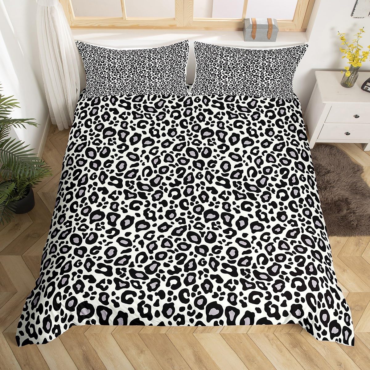 Richhome Multi 06 Leopard Print Bedding Set Wild Animal Skin Comforter Cover Set For Kids Teens Bedroom Decor Black Grey Cheetah Fur Duvet Cover Microfiber Breathable Bedspread Double Size