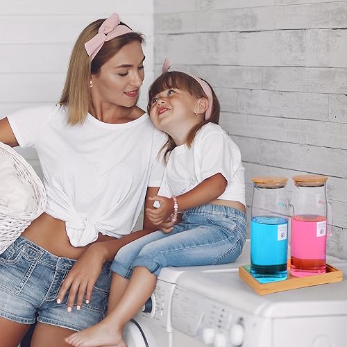 Miniatura 4 de Juego de dispensador de detergente de vidrio para ropa con tapas y asas de bambú, elegantes recipientes recargables de 50 onzas para organización de