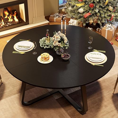 Miniatura 5 de LVB Mesa de comedor redonda negra de 51 pulgadas, mesa de cocina moderna de metal de madera, comedor industrial pequeño para 4 a 6 personas, comedor