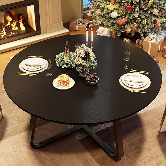 LVB 130cm Dining Table Round Black Dining Room Table Kitchen Table for 4-6 Small Dining Table Round Wood Industrial Design Round Dining Table Family Table for Dining Room and Small Rooms Kitchen