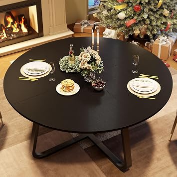 LVB 130cm Dining Table Round Black Dining Room Table Kitchen Table for 4-6 Small Dining Table Round Wood Industrial Design Round Dining Table Family Table for Dining Room and Small Rooms Kitchen