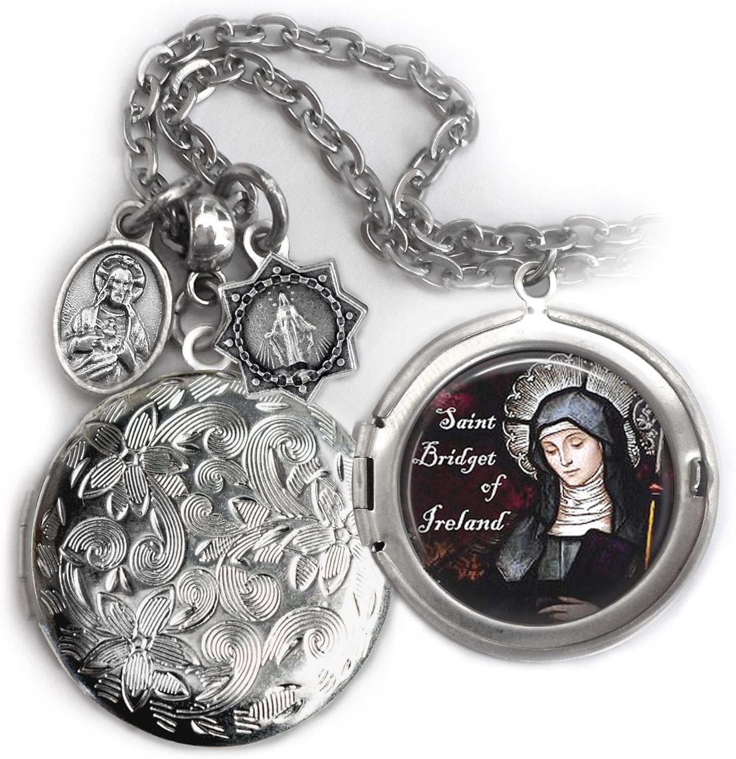 St. Bridget of Ireland Locket Necklace, Patron Saint Confirmation Gift, Italian Charms, Catholic Jewelry