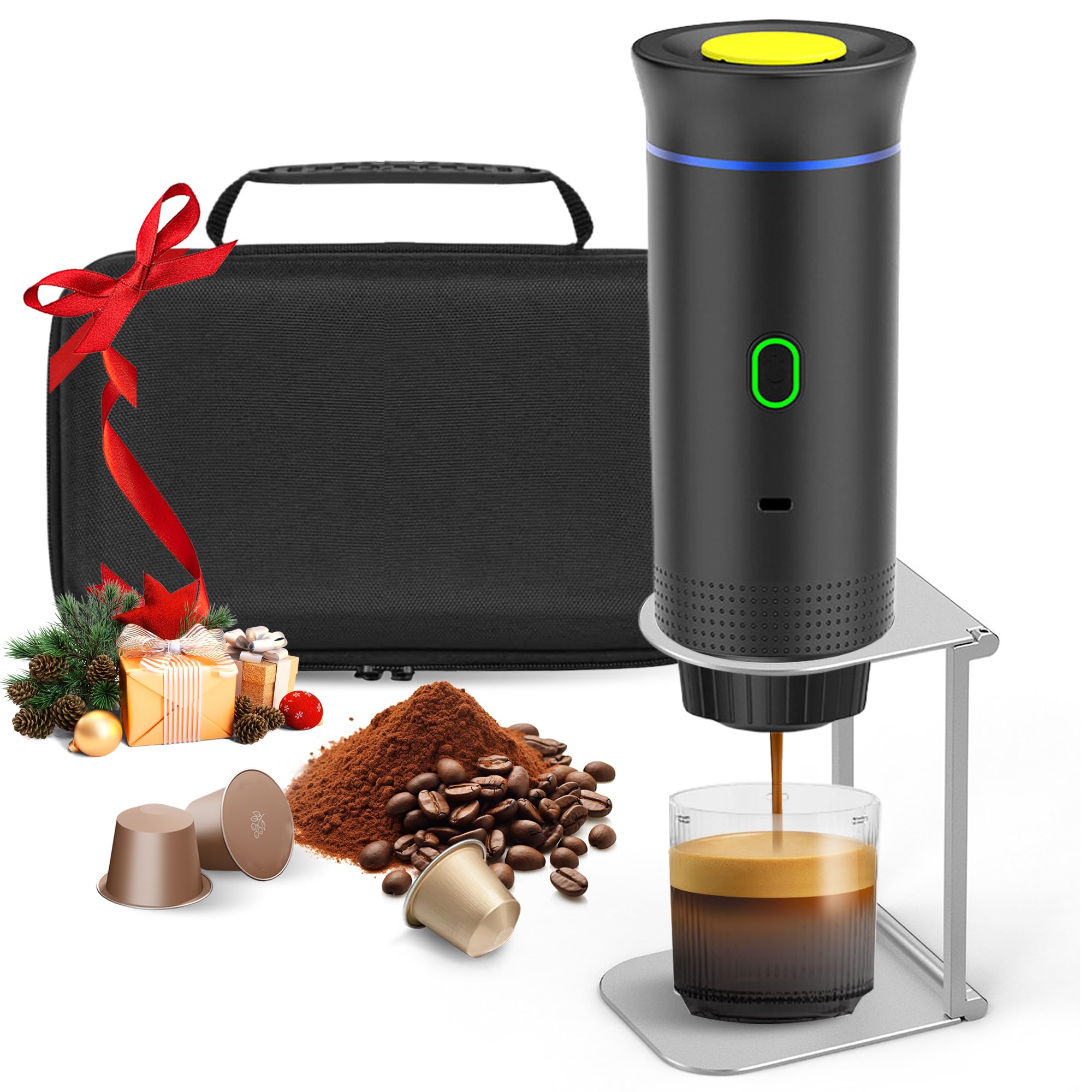 Bostar Macchina da caffè portatile con borsa da trasporto/supporto per caffè pieghevole, 3 in 1 macchina da caffè espresso portatile (Nero)