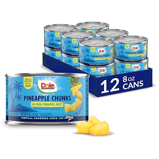 Dole Canned Fruit, Pineapple Chunks in 100% Pineapple Juice, Gluten Free, Pantry Staples, 8 Oz, 12 Count