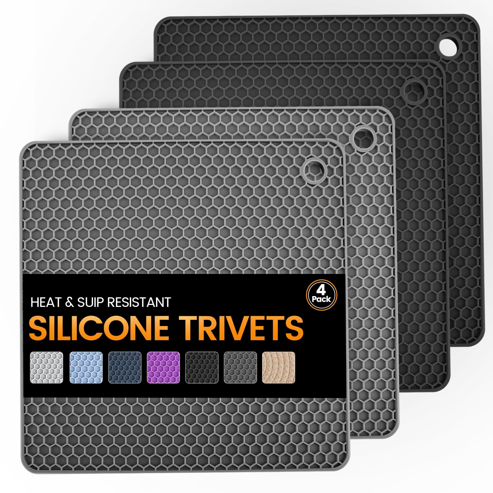 Silicone Trivet Mats 4 Heat Resistant Pot Holders Multipurpose Non-Slip Hot Pads for Kitchen Potholders, Drying mat, Jar Opener, Spoon Holder, Coaster.(Black Dark Gray)
