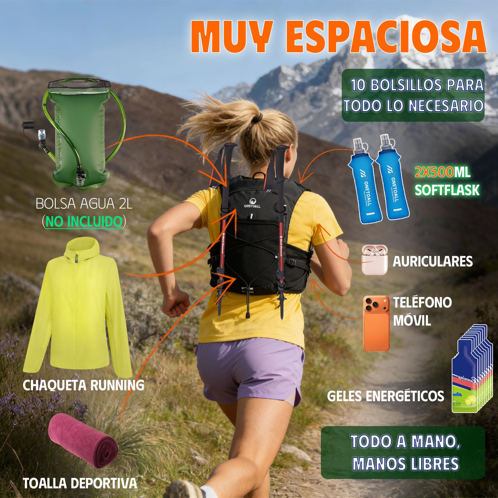 Chaleco Running Hombre Mujer con 2 Botella 500ml y Luz LED Recargable, Chaleco Hidratacion Trail Running, Mochila Hidratacion Running Vest Mochila Running para Correr Senderismo Montaña