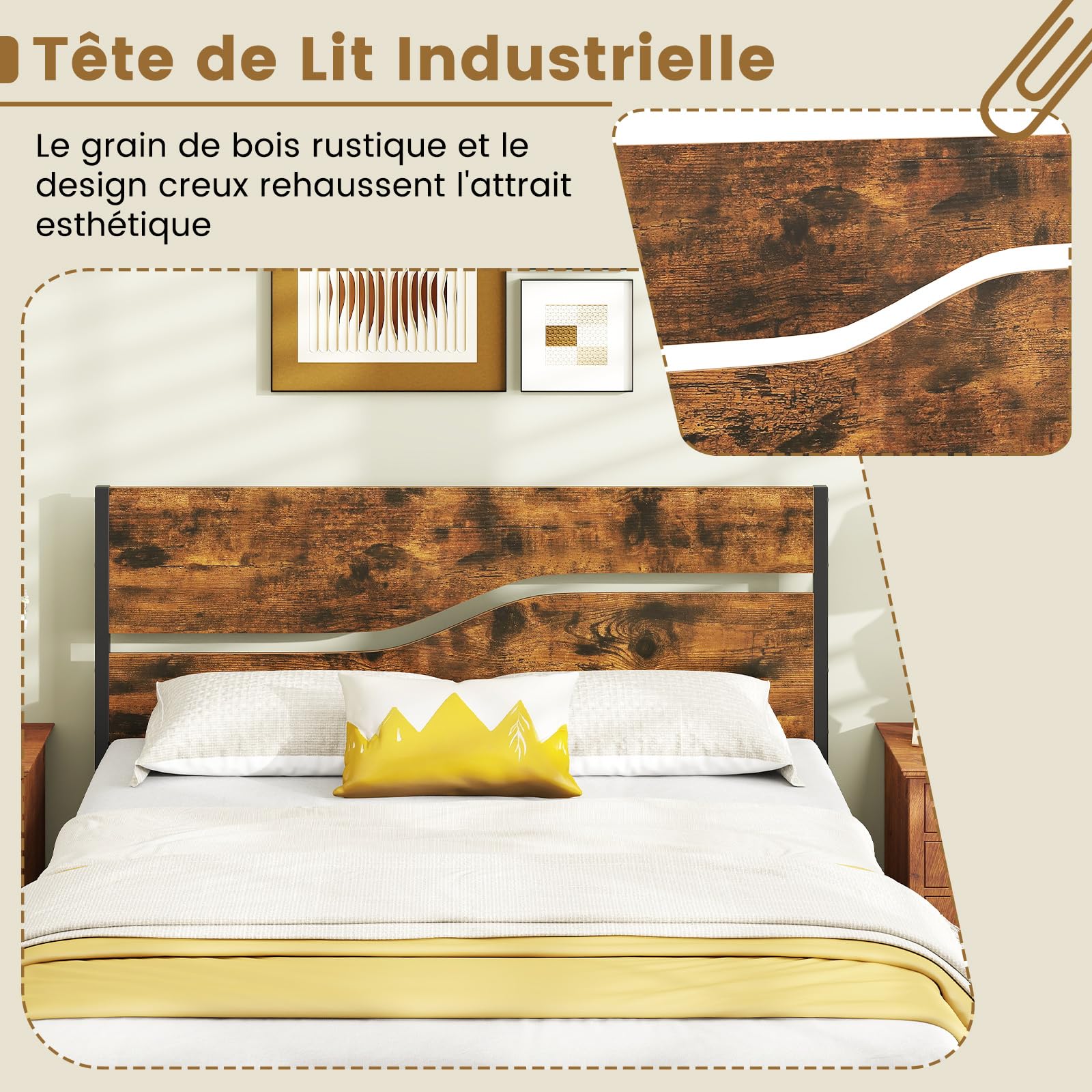 COSTWAY Cadre de Lit 140 x 200 cm avec Sommier en Métal, Lit 2 Personnes Industriel avec Tête en Bois, Espace de Rangement, Pas de Sommier Nécessaire, Montage Facile, Marron Rustique