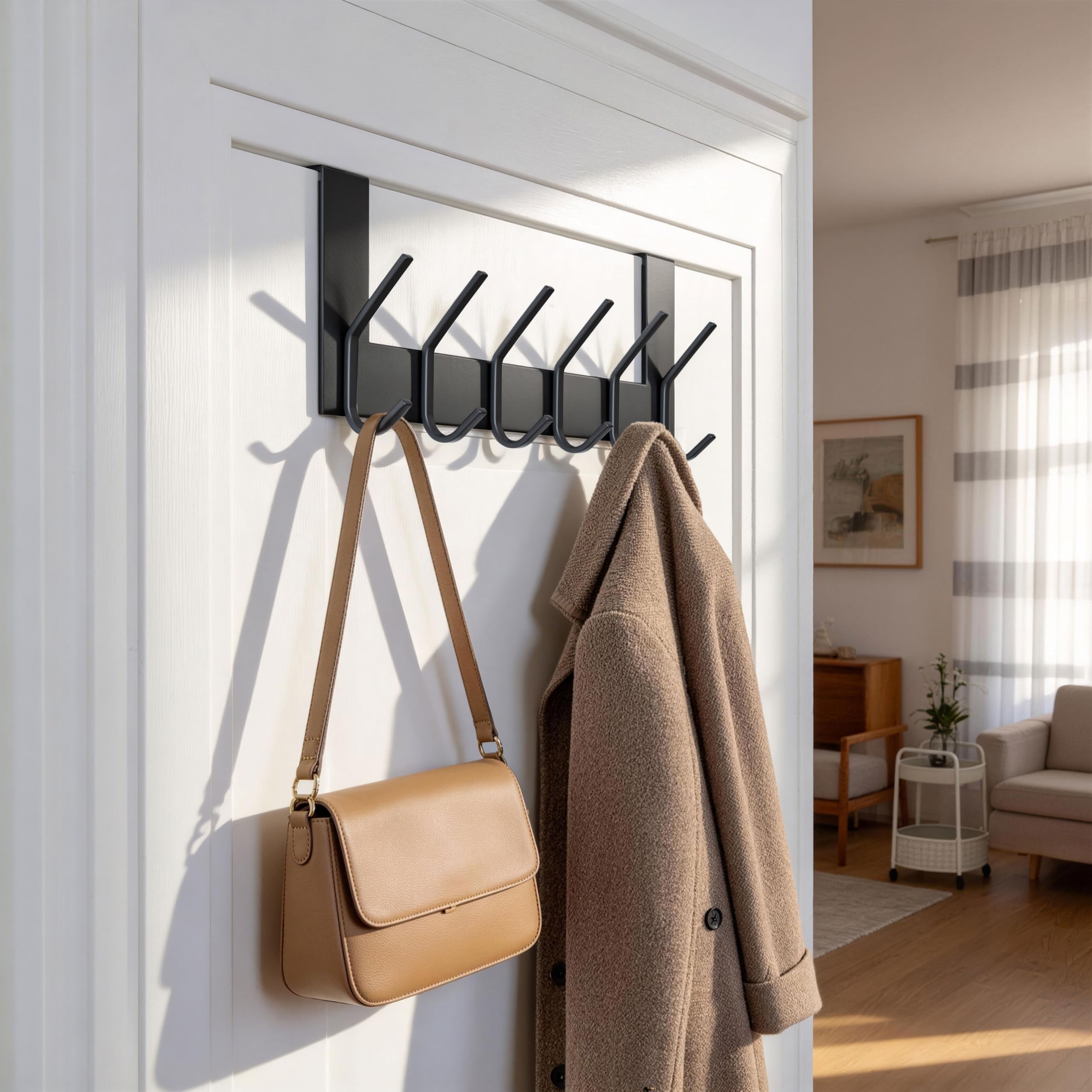 Dseap Türhaken – für Tür bis 4,5cm Dicke, Edelstahl Türgarderobe Türhakenleiste Türaufhänger Kleiderhaken Tür Zum Einhängen Kleidung Hut Handtuch Mantel, Mit 6 Flachen Haken, Schwarz