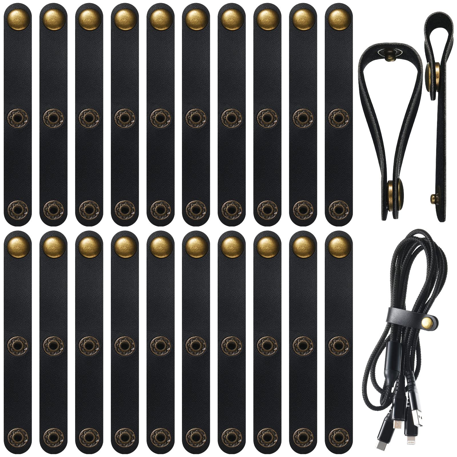 Flutesan 24 Pieces Leather Cable Straps Leather Cord Organizers 2 in 1 Portable Cord Strap Keeper Cable Ties Organizing USB Headphone Wires Earphone for Travel Home School(Black)