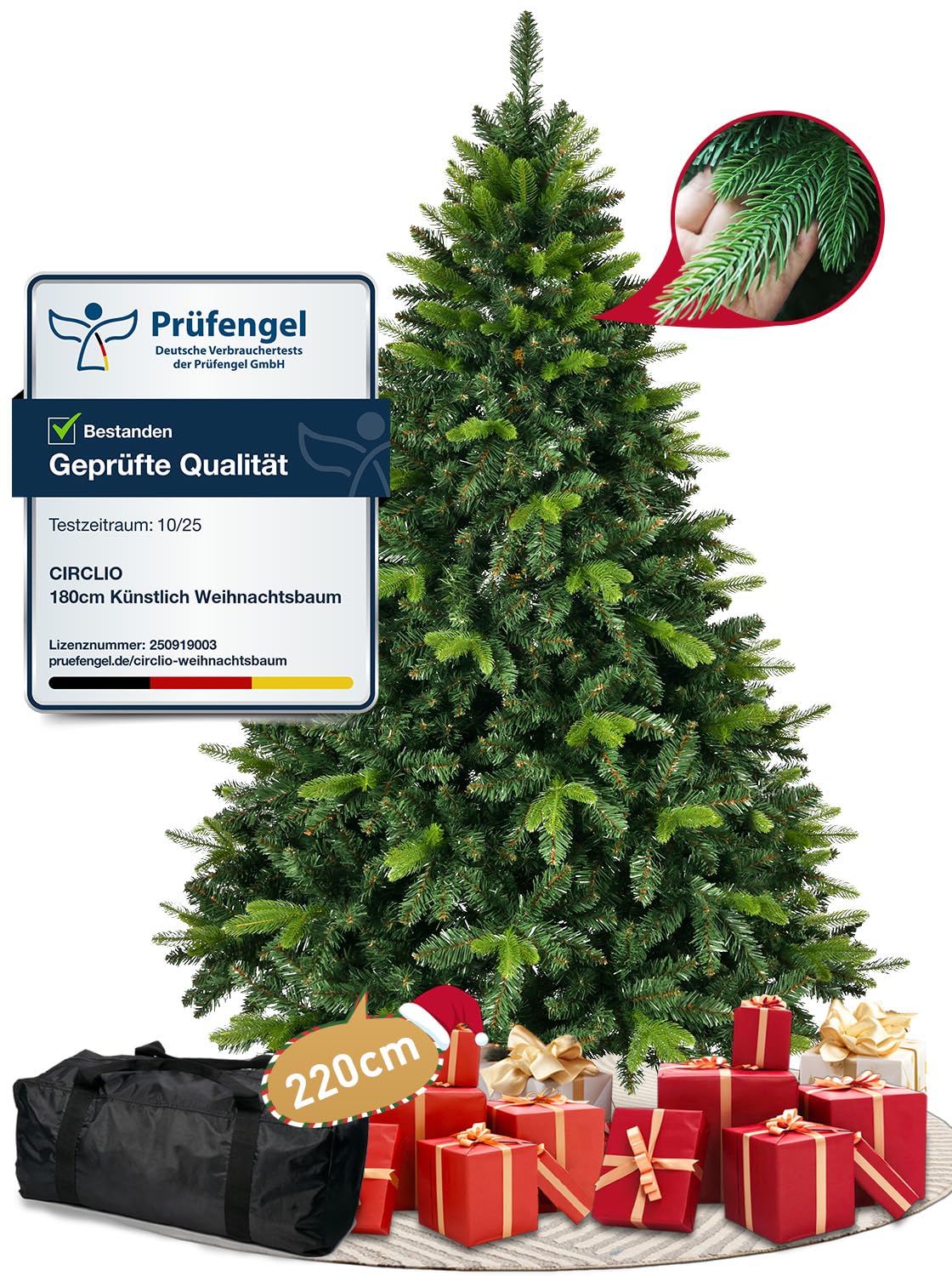 Arbol de Navidad Artificial 220cm - Árbol de Navidad Frondoso y Realista, Fabricado Mediante Inyección, Christmas Tree con Soporte de Madera y Bolsa para Guardarlo