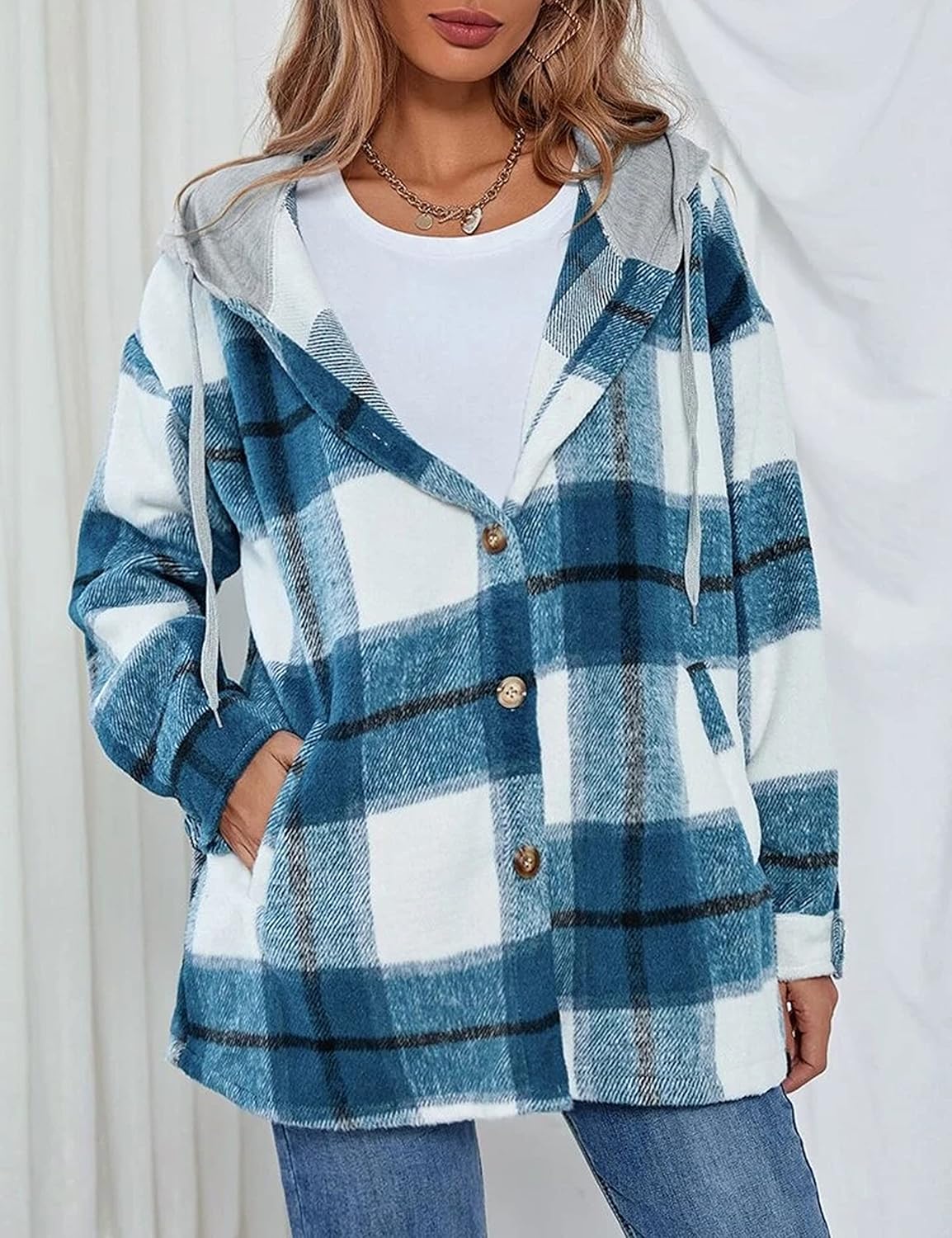 Zontroldy Womens Hooded Shacket Jacket Oversized Casual Flannel Plaid Wool Blend Button Down Shirt Coat Jackets - Image 3