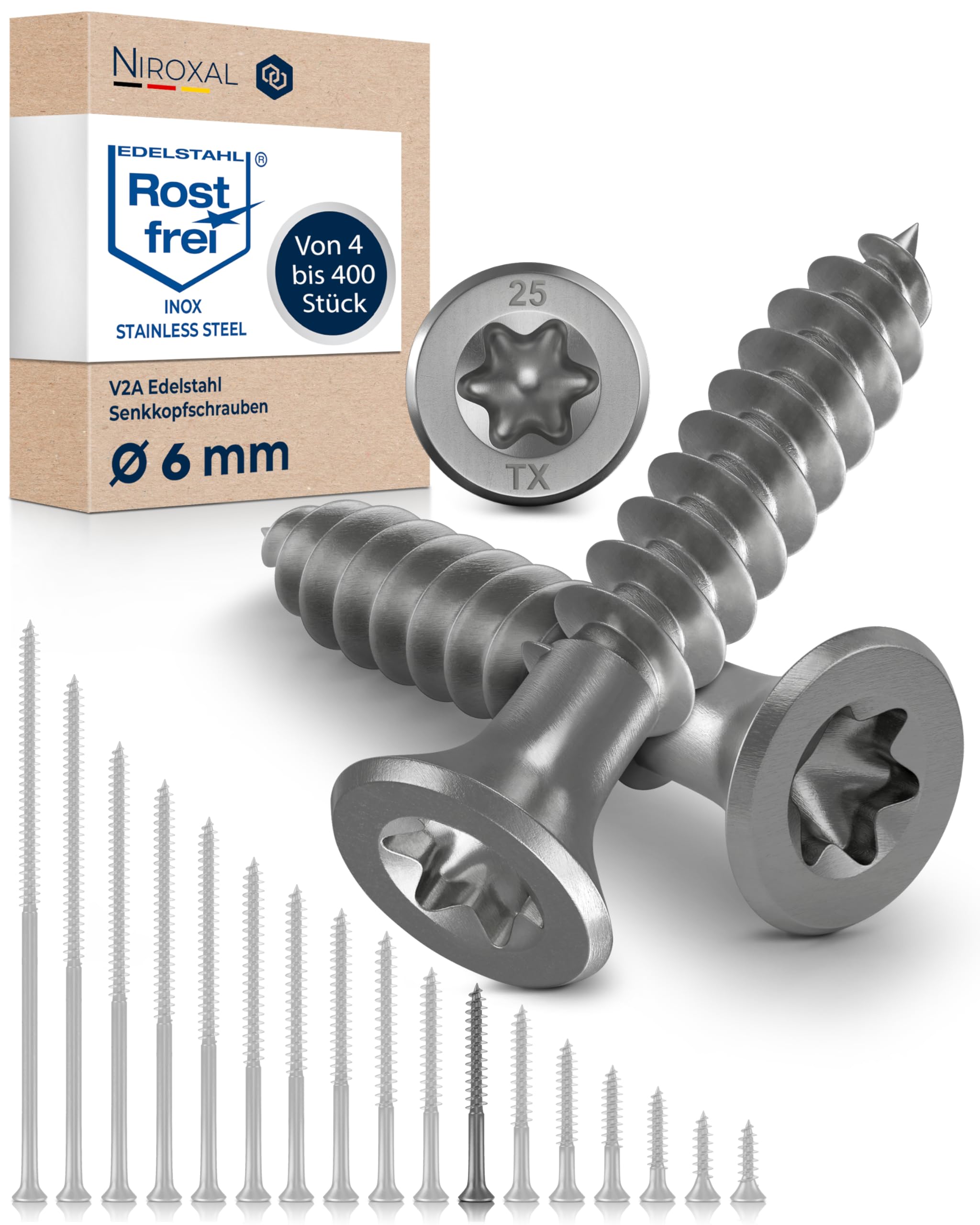 Wood Screws 6 x 50 mm TORX Countersunk Head Stainless Steel 304 Chipboard Screws Timber Screws Partial Thread Rustproof A2 4 Pack — image 1
