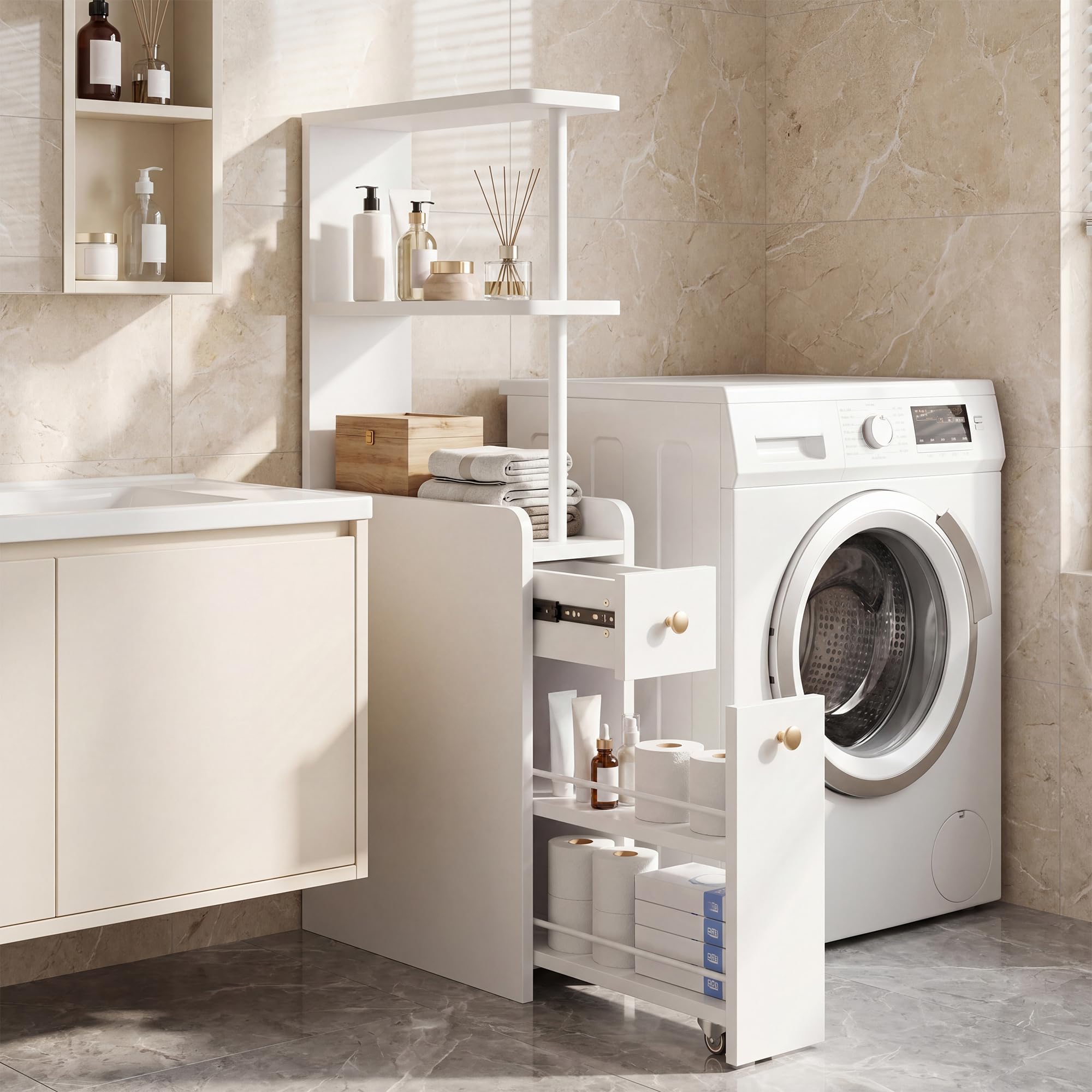 APICIZON Badschrank Schmal, Nischenschrank Badezimmer mit Schublade auf Rollen, 19x45x113 cm Badezimmerschrank mit Offenen Ablagen, Toilettenschrank für WC, Seitenschrank Mehrzweckschrank, Weiß
