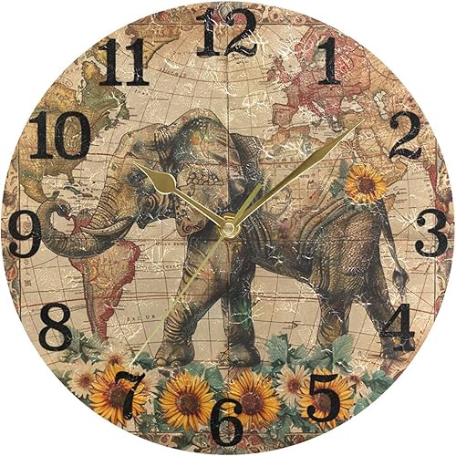 Miniatura 5 de KLL Boho Retro Elephant Sunflowers 10 Inch Round Kids Room Wall Clock Silent Modern for Kitchen School Living Room reloj de pared para cuartos