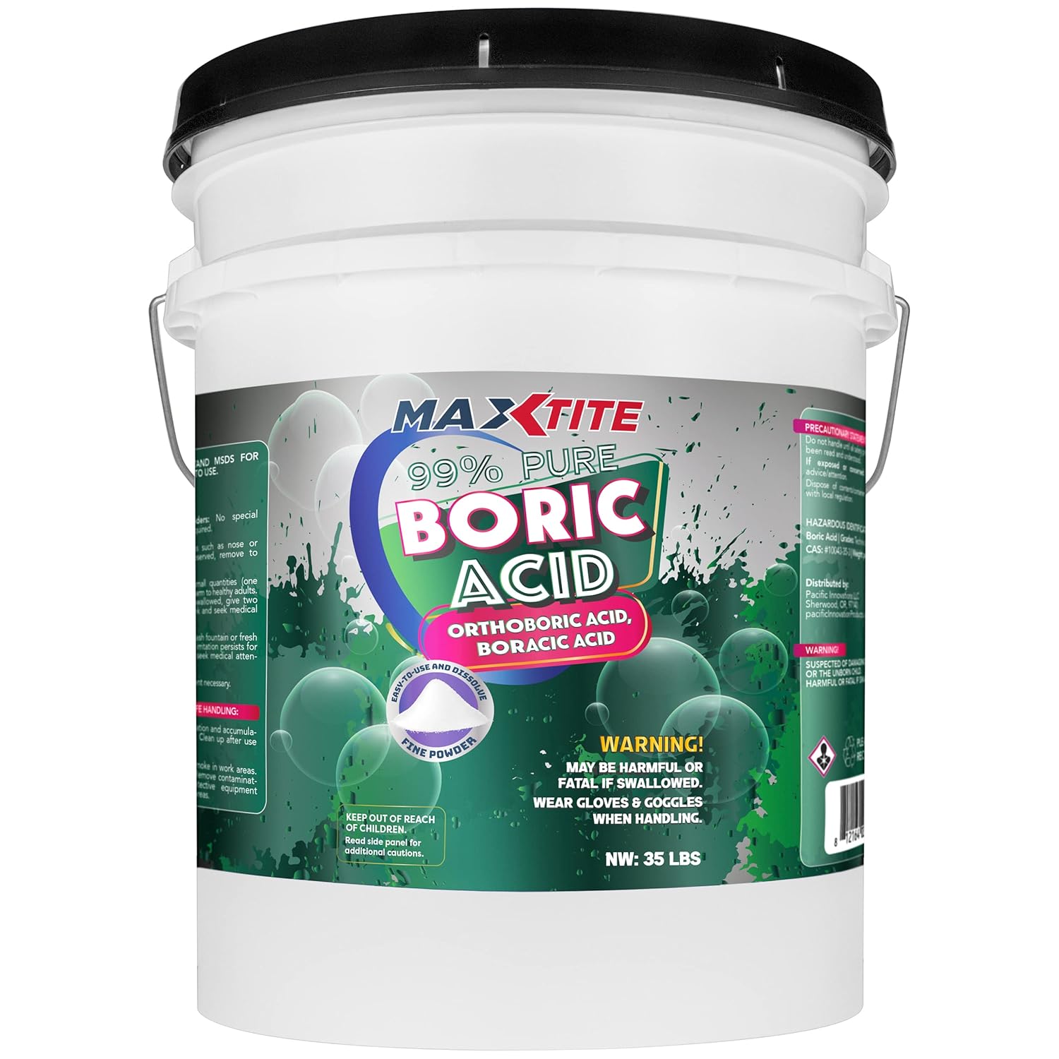 99% Pure Boric Acid - Fine Powder Form (35 lbs) - Premium Industrial Grade Strength H3BO3 - Convenient Easy-Open Resealable Pail