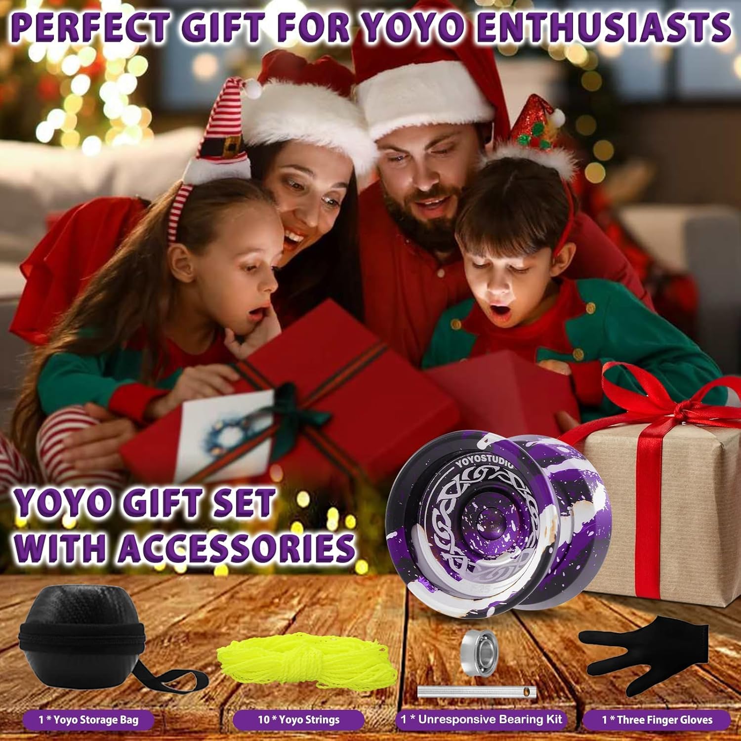 YOYOSTUDIO F25 Trick Yoyo Professional Responsive Yoyo for Kids 8-12, Unresponsive Yo yo for Finger Spin Trick, Pro Yo yo with Yoyos Accessory Kit, 10 Yo-Yo Strings, Case & Glove - Black Purple Silver