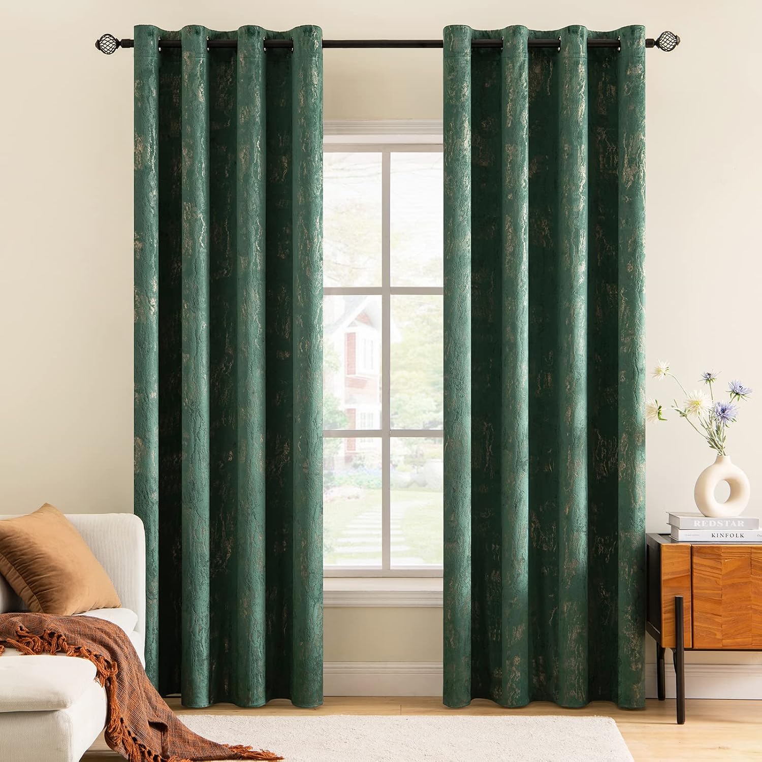 MIULEE Dark Green Velvet Curtains with Gold Foil,2 Panel Set 54 Inch Drop Curtains,Blackout Curtains Bedroom Super Soft Thermal Insulated Eyelet Blackout Curtains for Living Room 46 x 54 Inch - Image 3