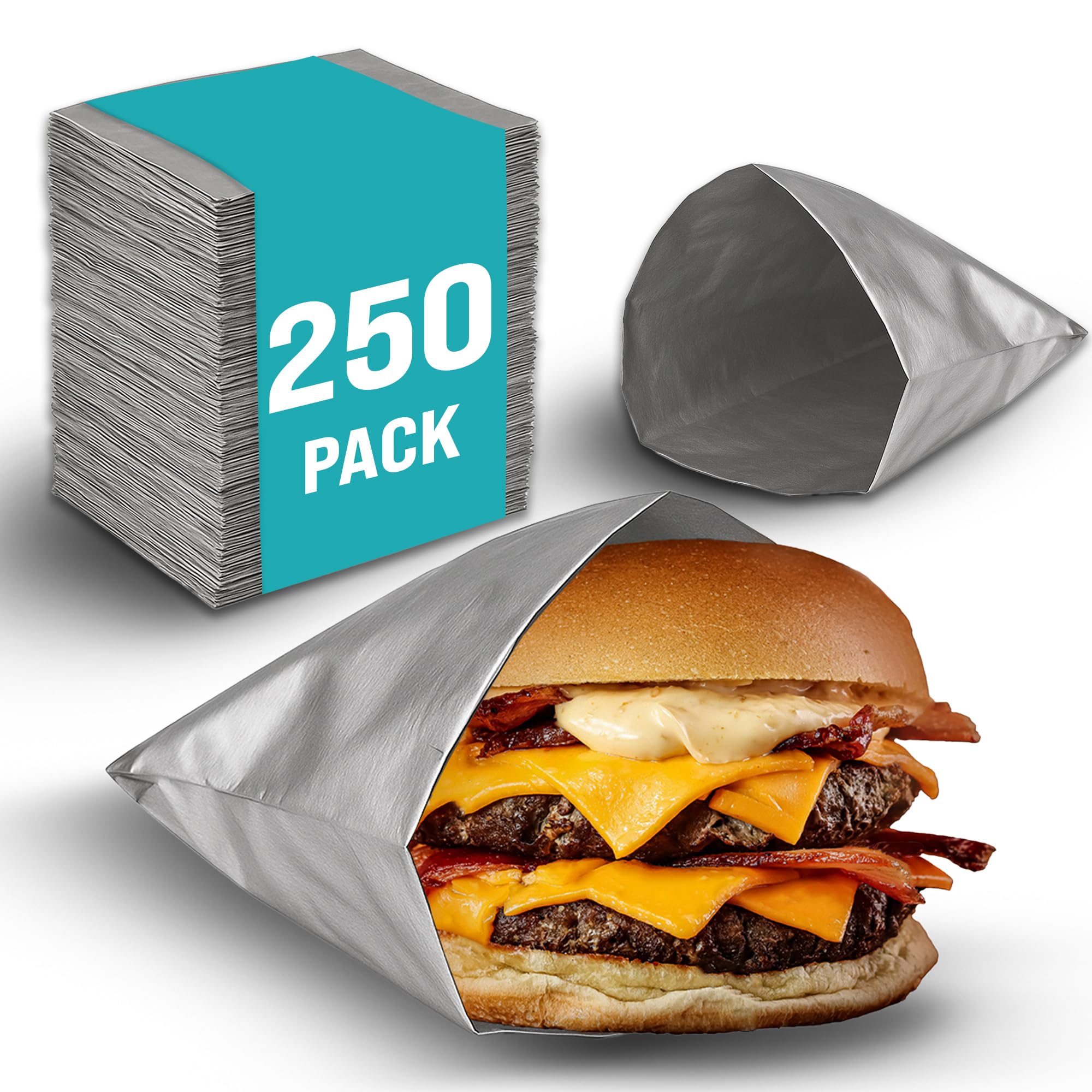 250 Pack Aluminum Foil Hamburger Bags – Grease-Resistant Burger Wrappers for Hot Sandwiches, Paninis, BBQ, Pretzels & More – BPA-Free, Disposable Takeout Food Sleeves by C&S Event Supply Co.