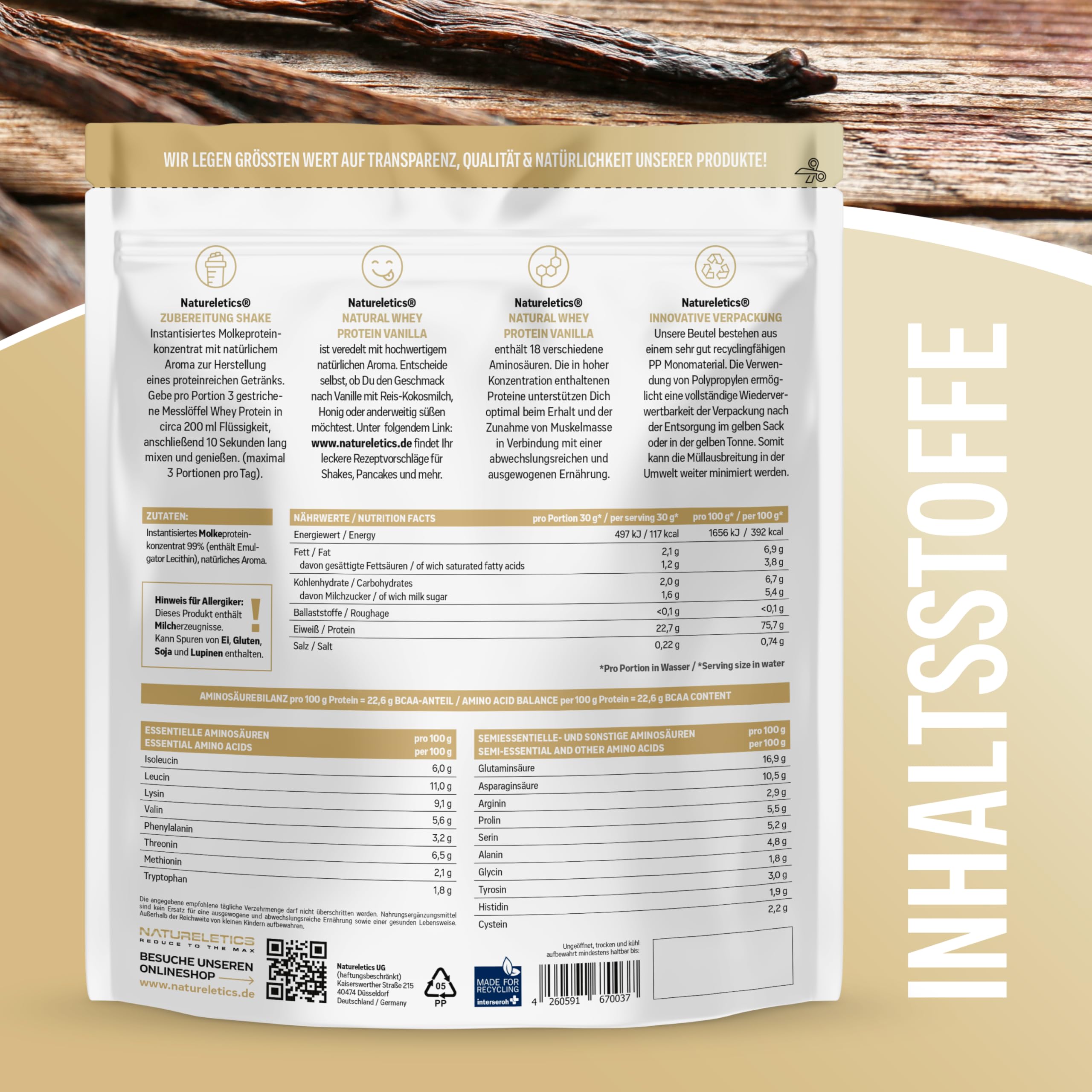 NATURELETICS VANILLE Whey Protein Ungesüßt ohne Süßstoffe und Zuckerzusatz Natürliches Premium Eiweißpulver, 1kg ohne Aspartam & Sucralose, Low Carb, Hoher BCAA-Anteil, Made in Germany