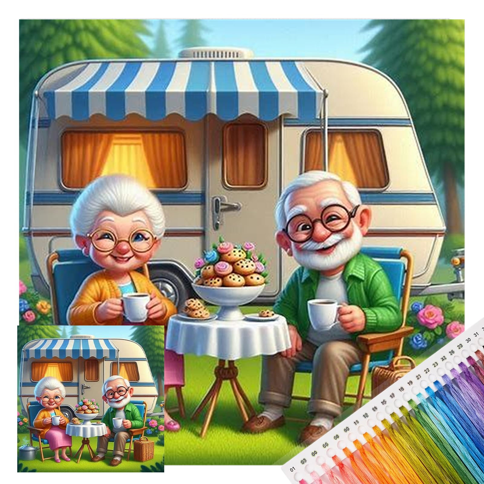 PoetryDraw RV Camping Full 14CT DIY Stamped Needlework Embroidery Kit 11.81x11.81inch Embroidery Needlepoint Starter Kits Cross Stitch Art and Crafts Kits for Beginners Adults Home Decor (Camper Coffe