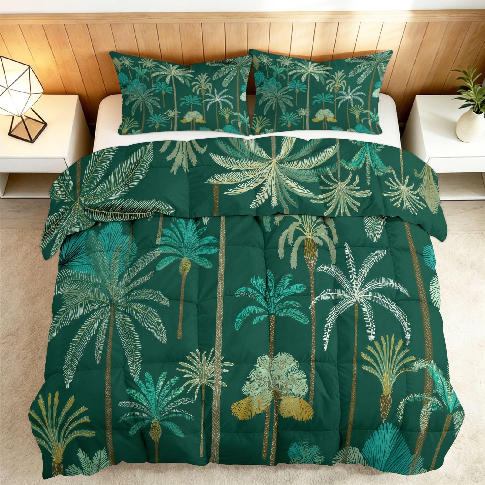 Tutte le stagioni - Piumino 160 x 200 cm, elegante, con piante di palma, semplicità, trapuntato, lussuoso e morbido, in piumino e piume, traspirante, lavabile in lavatrice, ipoallergenico, buon sonno