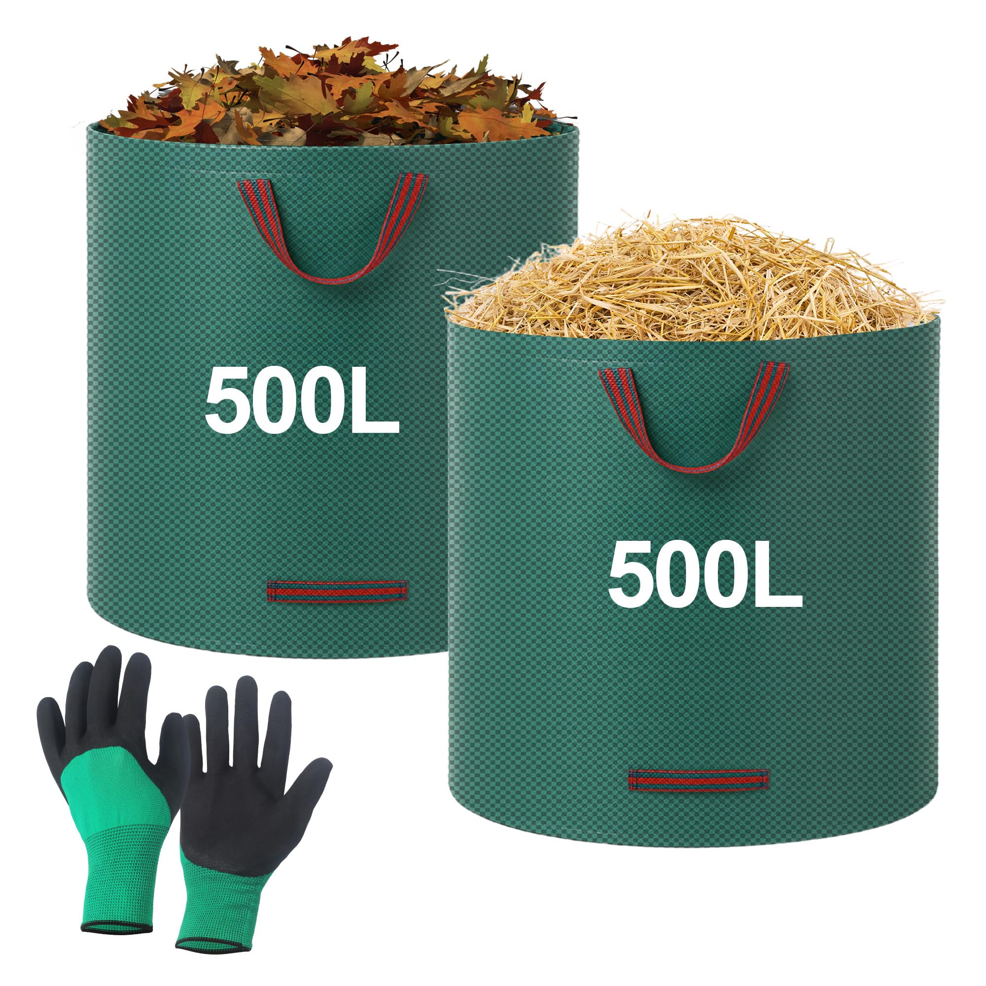 2 Piezas Bolsa Basura Jardin, 500 L Bolsas Jardin, Bolsas de Basura de Jardíncon Asa, Bolsa de Basura Plegable, Reutilizable, Adecuada para Hojas, Restos de Poda y Residuos de Plantas