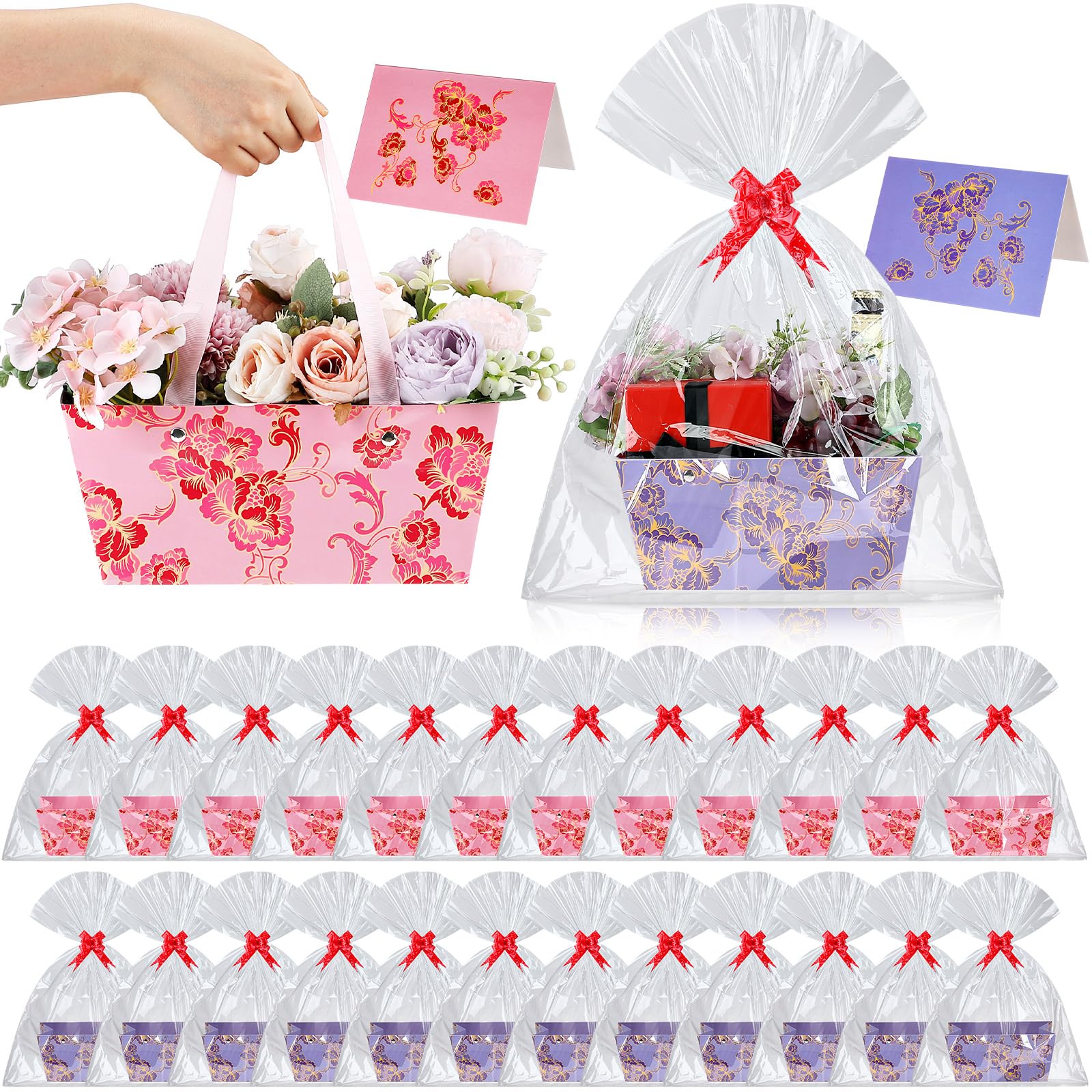 Kolldenn 48 cestas de flores vacías para regalos de 9.8 x 6.5 pulgadas, cesta de regalo floral para llenar caja de ramo resistente con asas, lazos, bolsas de plástico y tarjeta para el día de la