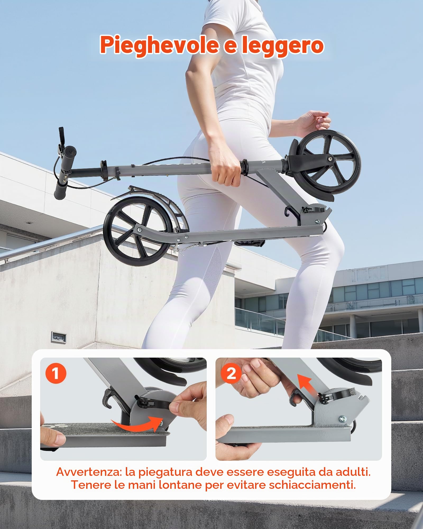 VEVOR Monopattino con 2 Ruote per Bambini da 8 Anni, Monopattino Pieghevole per Mobilità Urbana per Bambini Carico max. 100kg con Manubrio Regolabile in Altezza, Pedana Antiscivolo e Freno a Mano