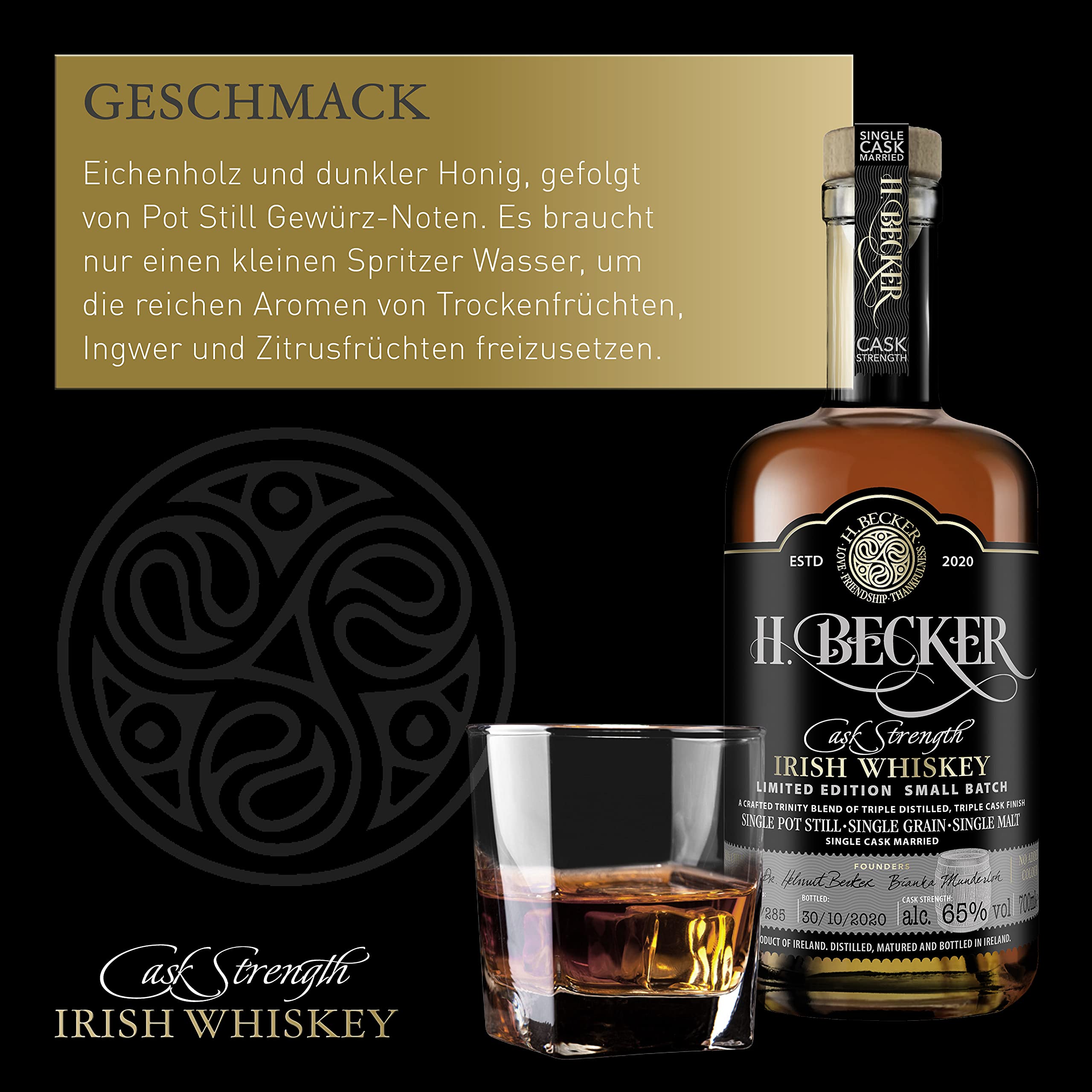 H. Becker Cask Strength Irish Trinity Whiskey I Limitierter Small Batch Whiskey I Trinity Blend aus Single Pot Still, Single Grain & Single Malt I 65% Vol. I 0,7 L