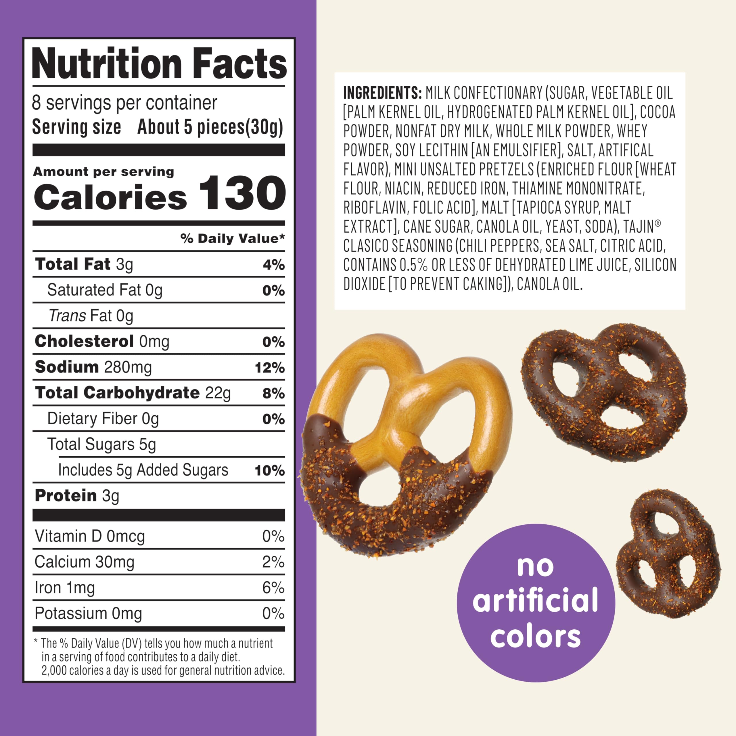 Condition photo showing As Is for Snak Club Tajin Chocolatey Mini Pretzels, Chocolate Covered Pretzels with Chili and Lime Seasoning, Mild, No Artificial Colors, 8 oz Resealable Bag BB 9/26/25