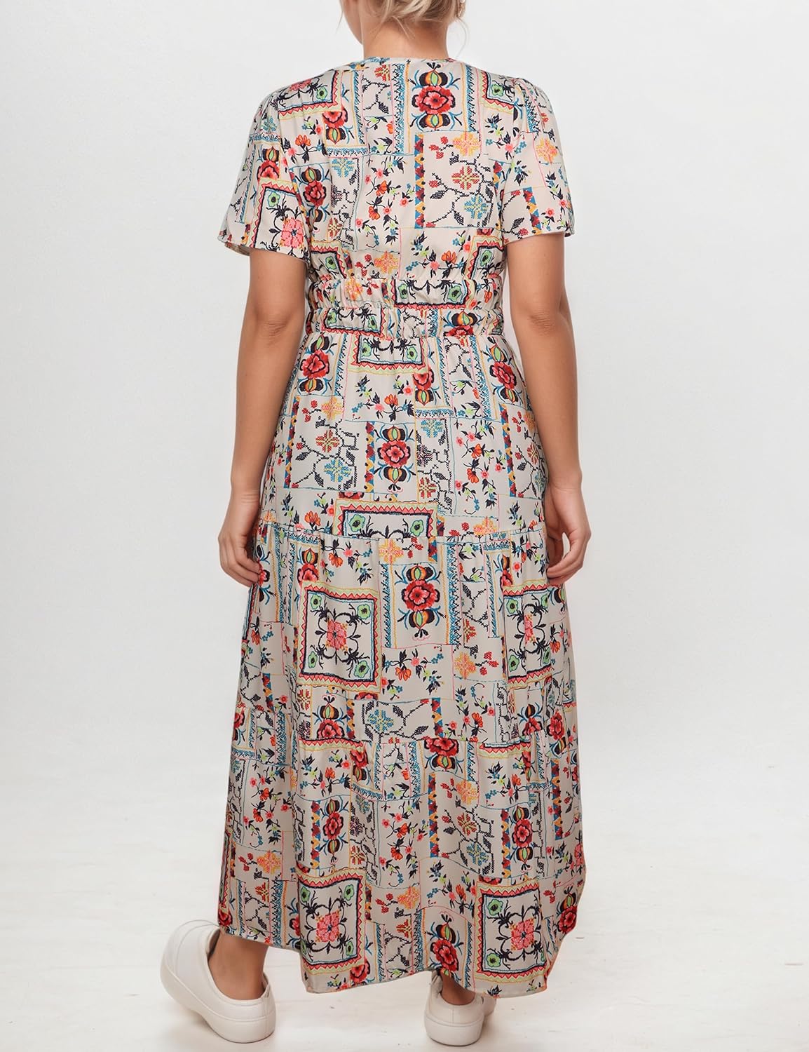 Women's Summer Boho Maxi Dresses Floral V Neck Tiered Short Sleeve Long Dress Flowy Beach Vacation Dress with Pockets - Image 7