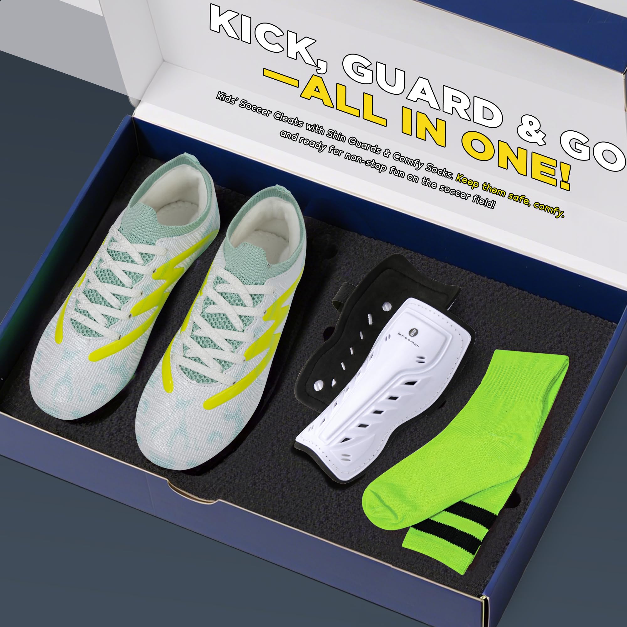 brooman Kids Firm Ground Soccer Cleats Boys Girls Football Shoes with Shin Guards and Soccer Socks