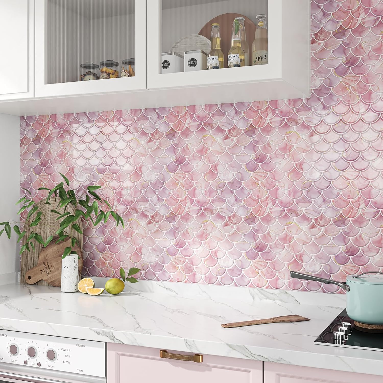 VEELIKE 12 Sheets Fish Scale Peel and Stick Backsplash for Kitchen Pink Stick on Tiles 12''x12'' Waterproof Self Adhesive Back Splash Marble Wall Tile Sticker for Bathroom Kitchen Laundry Room RV