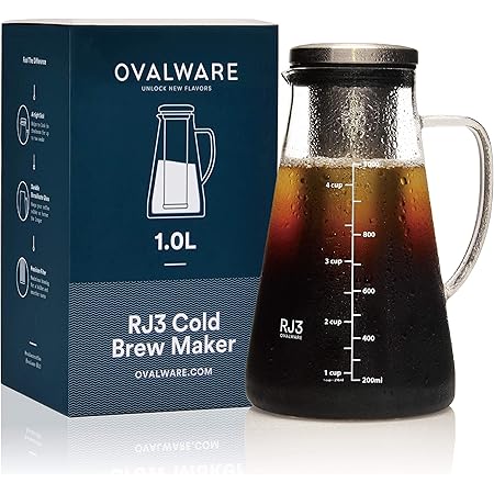 Airtight Cold Brew Iced Coffee Maker and Tea Infuser with Spout - 1.0L / 34oz Ovalware RJ3 Brewing Glass Carafe with Removable Stainless Steel Filter