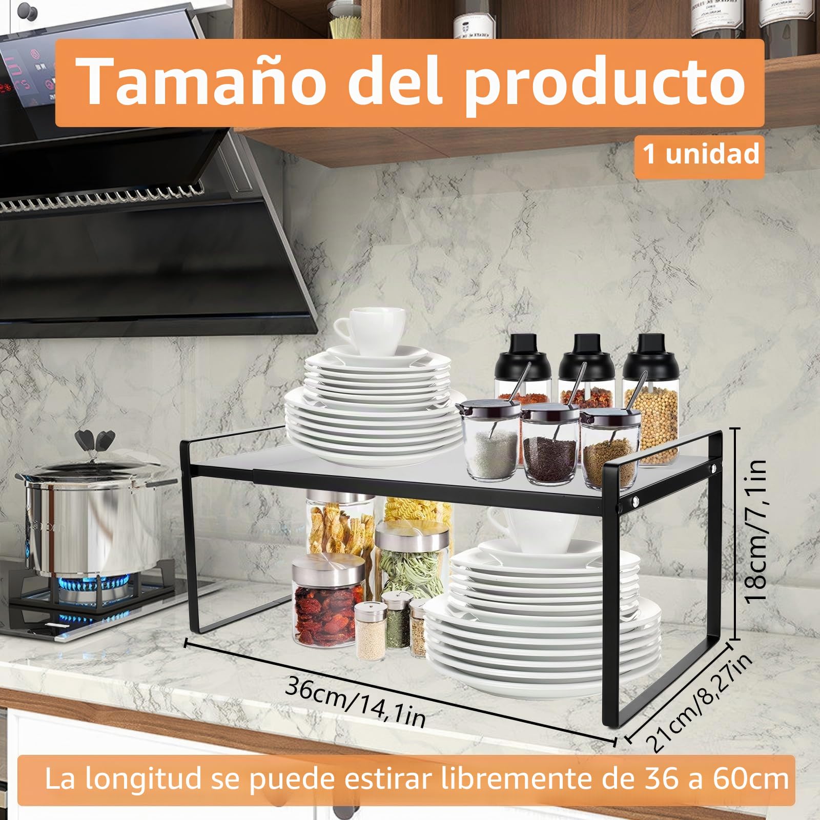 WOPPLXY estante cocina, estanteria cocina encimera de 36-60 x 21 x 18 cm, prateleira cozinha de metal negro para encimeras de cocina, despensas y baños