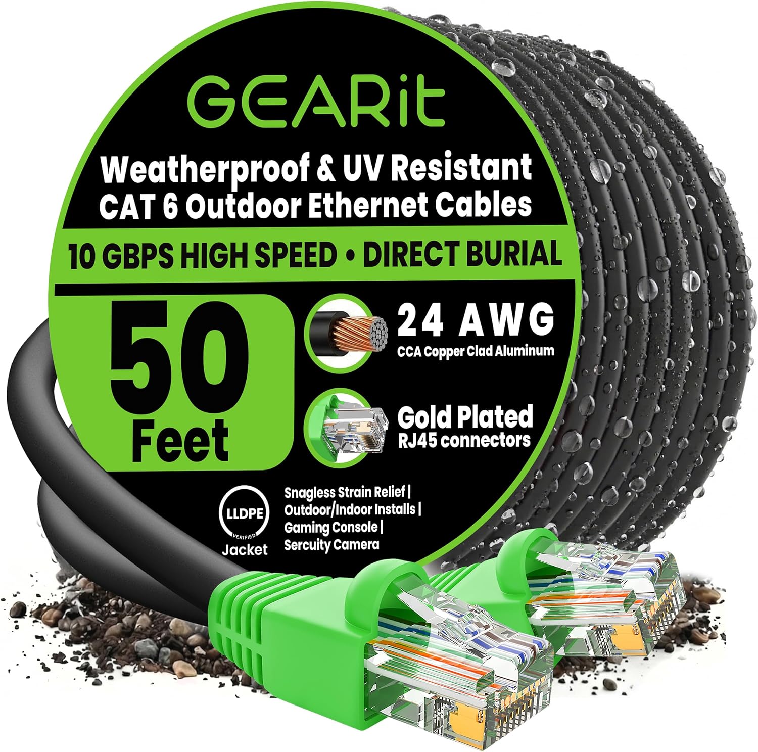 GEARit RJ45 Cat-6 Ethernet Patch Cable, 10Gpbs Transfer Speed, Gold-Plated Connectors, Copper Clad, Outdoor, UV Resistant, Direct Burial, Waterproof, Durable, 50 Foot (15.2 Meters), Black