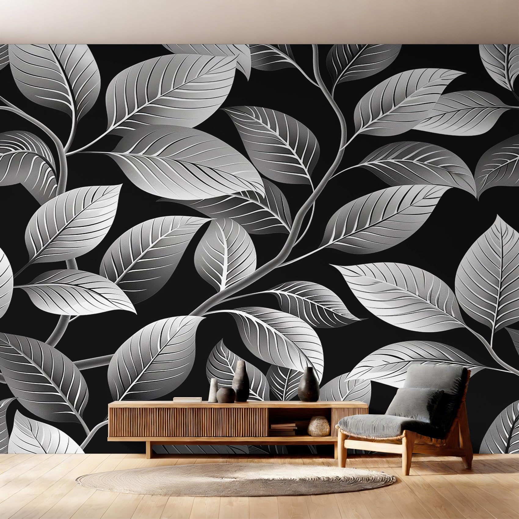 Non-Woven Grey Leaves Wallpaper - Modern Botanical Leaf Wall Mural for Bedroom, Living Room Background Decoration, Home Decor Photo Wall Paper 400x280 cm (WxH)