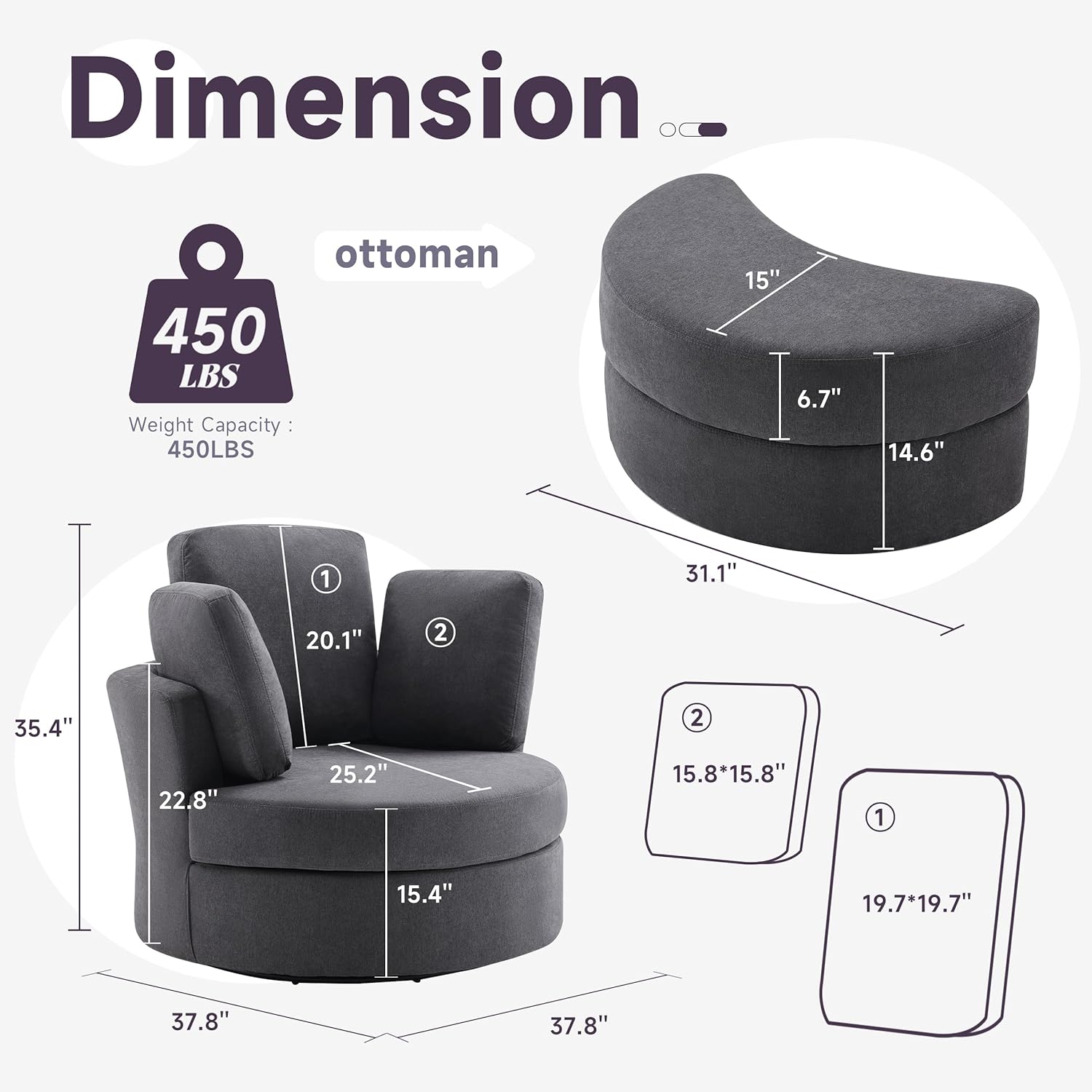 39” Swivel Accent Barrel Chairs with Removable Headrest, Chaise Lounge Indoor with Neck Support Pillow, Oversized Chair with Ottoman,Swivel Chairs for Living Room, Grey