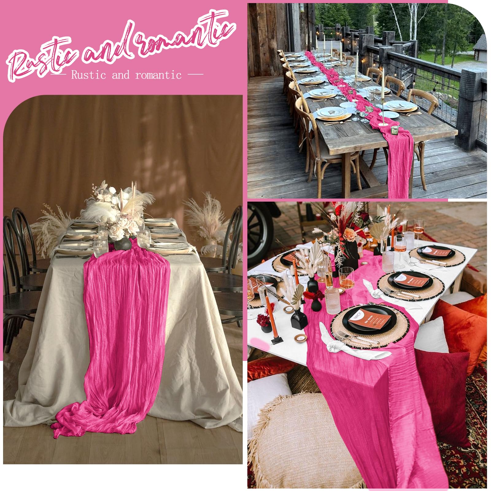 5 caminos de mesa de gasa rosa intenso, 35 x 120 pulgadas, decoración rústica bohemia para bodas, fiestas, despedidas de soltera, Acción de Gracias, Navidad, cumpleaños